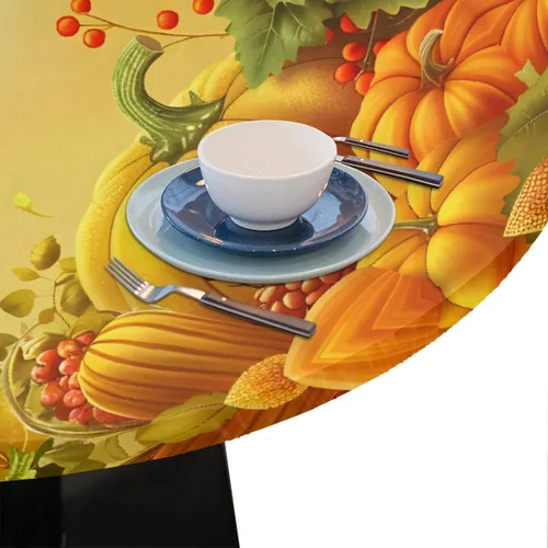 Vista 6 de Mantel redondo ajustado con diseño de calabaza de otoño, hojas de otoño, color amarillo, pequeño con borde elástico, manteles circulares lavables