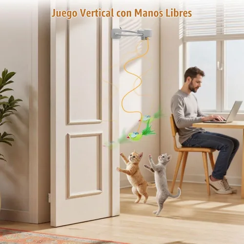 Vista 2 de Juguetes interactivos para gatos de interior: varita de plumas de ave voladora automática, juguete de persecución, ejercicio, enriquecimiento y Gris