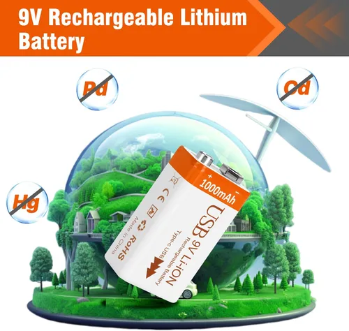 Vista 7 de Baterías recargables de litio de 9 V de 1000 mAh con cable de carga USB 2 en 1, batería de iones de litio 6f22 de 9 voltios para detector de humo
