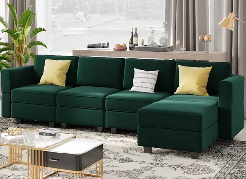 Vista 3 de Belffin - Sofá modular seccional con tumbona reversible de terciopelo, en forma de L, con almacenamiento, convertible de 4 plazas, color verde