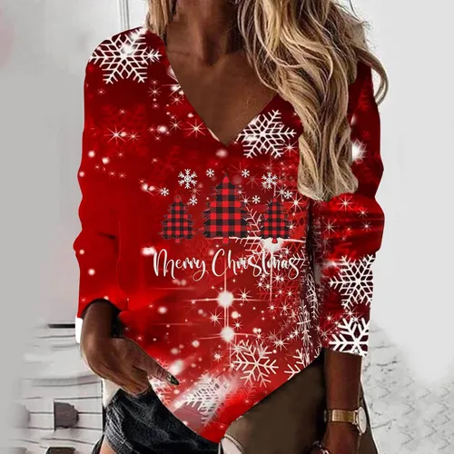 Vista 2 de Camisetas de Navidad para mujer, talla grande, manga larga, cuello en V, cómodo, ajuste holgado, sudadera de invierno
