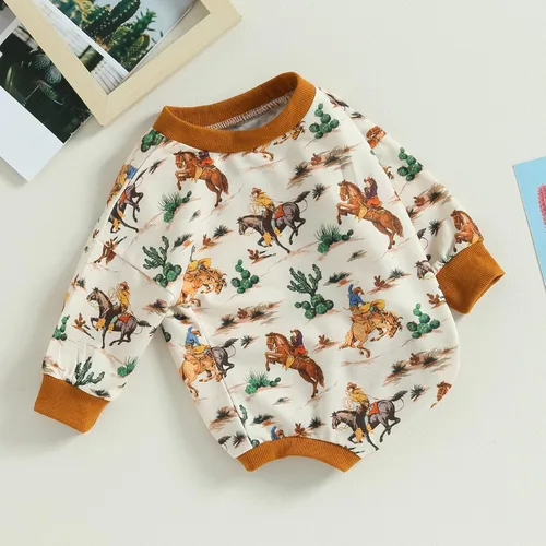 Vista 3 de MAINESAKA Traje de vaquero occidental para recién nacido, sudadera con estampado de vaca, de manga larga, traje de otoño