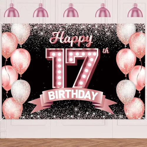 Vista 145 de Cartel de feliz cumpleaños décimo oro rosa, telón de fondo, saludos a 10 años, globos de confeti, decoración temática para niñas de 10 años