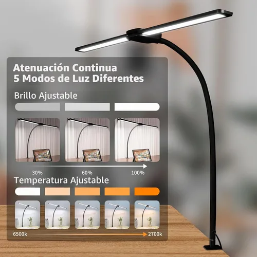 Vista 3 de Lámpara de escritorio de doble cabeza LED de 12W con adaptador de 2000LM US