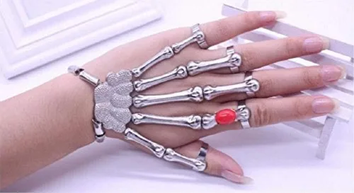 Vista 7 de Lingduan Anillo de pulsera de esqueleto de metal con dedos de calavera gótica para Halloween, moda para mujer, cadena de mano, aleación