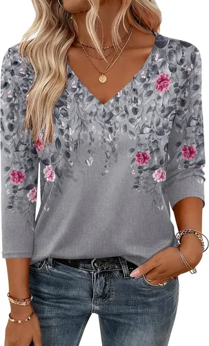Vista 6 de Zeagoo Camisetas de manga 3/4 para mujer, cuello en V, blusa casual elegante, camisetas básicas 2026, ropa de moda S-2XL