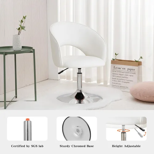 Vista 6 de Furnimart Silla de Tocador de Cuero Blanco, Taburete de Tocador con Altura Ajustable, Silla Giratoria con Respaldo, Silla Redonda de Maquillaje
