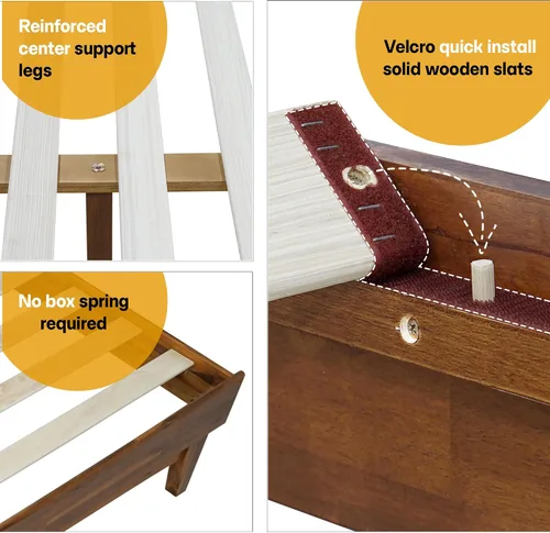 Vista 6 de Acacia Aurora - Marco de cama con cabecero, cama de plataforma de madera 100% maciza, estilo de cama escandinavo con todos los colchones Caramelo