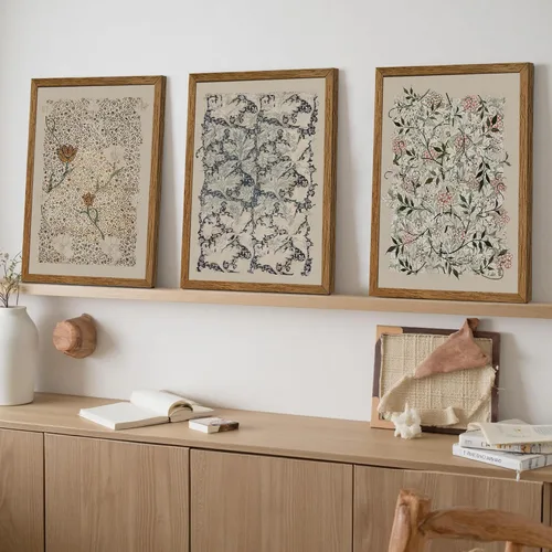 Vista 7 de Krtoni 3 piezas de arte de pared vintage enmarcadas de William Morris, impresiones de lienzo floral abstracto neutro, rústico, bohemio, flores