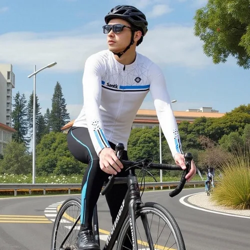 Vista 7 de Santic - Camiseta de ciclismo para hombre, manga larga, reflejante, cremallera completa, con bolsillos