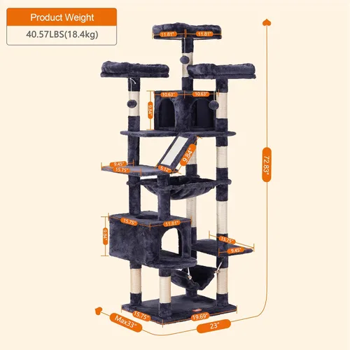 Vista 2 de Heybly Árbol para gatos, torre para gatos grandes de 73 pulgadas de alto, 20 libras, resistente para gatos de interior, condominio para gatos