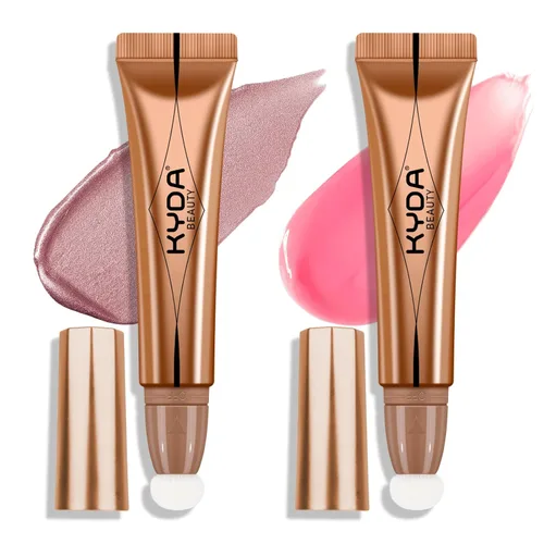 Vista 12 de KYDA Varita iluminadora líquida, iluminador facial brillante para construir, resaltador brillante, bronceador, cobertura suave mezclable con Dorado