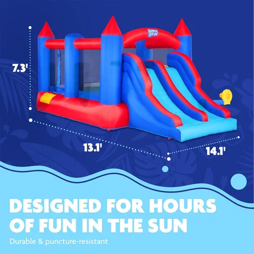 Vista 3 de Sunny & Fun Castillo hinchable inflable con doble tobogán – Resistente para la diversión al aire libre – Pared de escalada, toboganes, casa