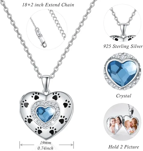 Vista 6 de Paw Print HeartTree of LifeDream CatherButterflySunflower Locket Necklace Sterling Silver Picture Photo Necklace for Women Girls