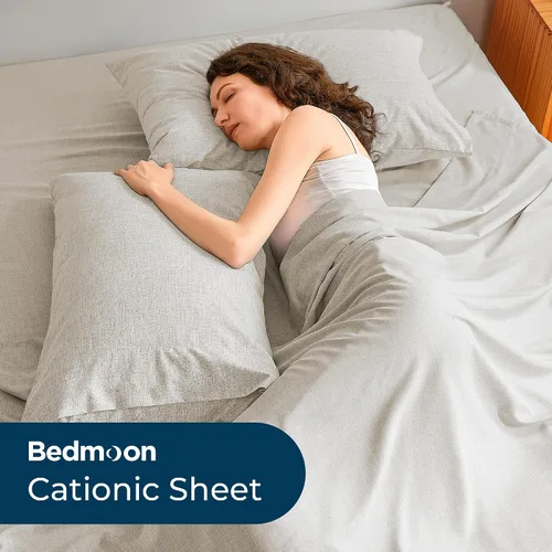 Vista 5 de Sábanas tamaño Queen con aspecto de lino, sábanas catiónicas suaves como el algodón, juego de ropa de cama de lujo con bolsillos profundos