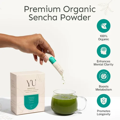 Vista 2 de Yu Tea Organic Sencha Green Tea Powder, 100 porciones, rico en antioxidantes, EGCG y L-teanina, hoja japonesa pura de la primera cosecha, baja