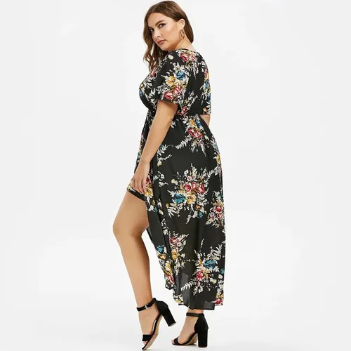 Vista 4 de Vestidos de talla grande para mujer, vestido de playa floral de moda 2023, primavera y verano, elegante vestido bohemio con dobladillo fruncido