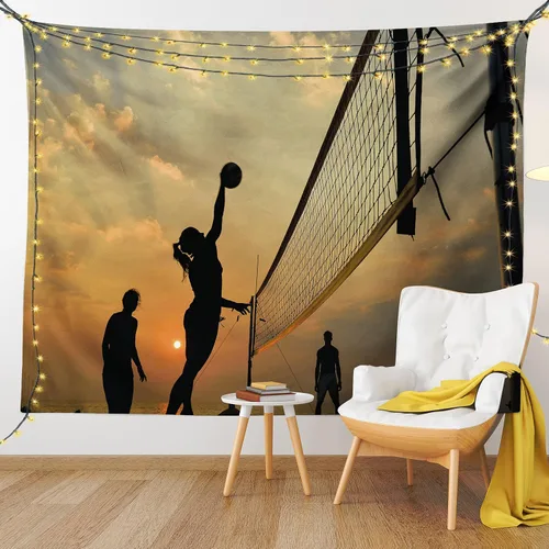 Vista 9 de Lunarable Tapiz de voleibol, deportes de playa al atardecer, red de cielo abierto y actividades de pelota, diversión y juegos, decoración de tela