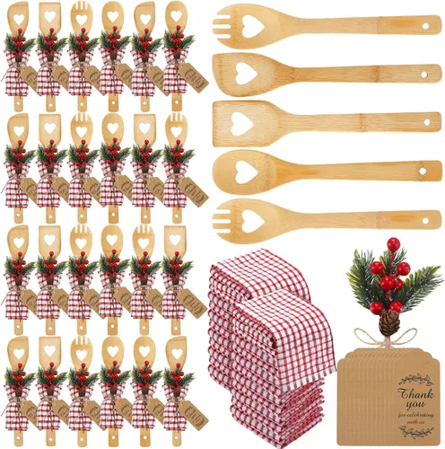 Vista 7 de Funnymoom Juego de 24 utensilios de cocina de Navidad, espátulas de bambú, cucharas de bambú con palillos artificiales, toalla de gofre, etiqueta