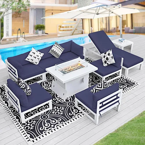 Vista 60 de BULEXYARD - Sofá modular de aluminio para exteriores con mesa para fogata, 7 piezas, color verde azulado