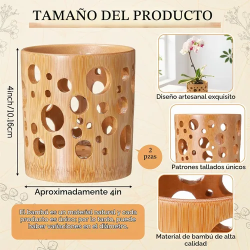 Vista 2 de Paquete de 2 macetas de bambú, maceta redonda transpirable de 4 pulgadas con diseño hueco para un flujo de aire óptimo, orquídea marrón claro