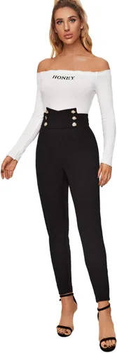 Vista 5 de SweatyRocks Women's Casual Skinny Leggings Stretchy High Waisted Work Pants Button Black
