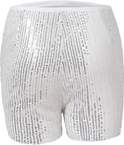 Vista 2 de BAICAIYU Pantalones cortos de lentejuelas para mujer, brillantes de cintura alta, color negro, ligeros, pierna recta, pantalones casuales