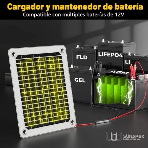 Vista 5 de SUNAPEX Cargador de batería solar de 5 vatios para coche, 12 voltios, impermeable, alimentado por energía solar, cargador y mantenedor, cargador