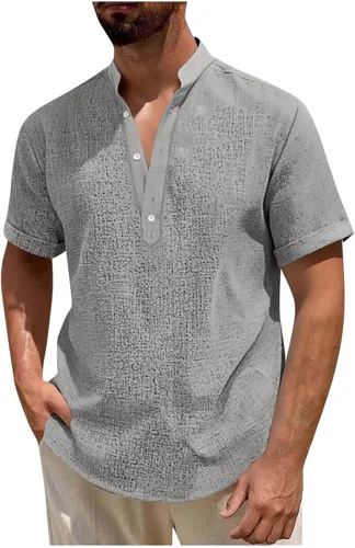 Vista 10 de Camisa hawaiana para hombre, manga corta, cuello en V, cuello en V, camisas de lino con botones, camisetas de crucero, camisetas casuales bohemias