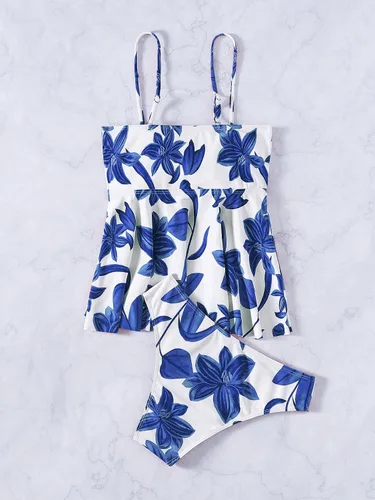 Vista 2 de MakeMeChic Traje de baño tankini de 2 piezas para mujer, estampado floral, nudo frontal, conjunto de traje de baño