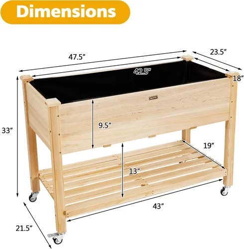 Vista 9 de COSTWAY Cama de jardín elevada con ruedas, maceta de madera con estante de almacenamiento para verduras, flores y hierbas, maceta elevada para patio