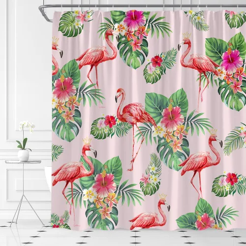 Vista 3 de Cortina de ducha con diseño de flamenco, flor tropical, hoja de palmera verde, juego de decoración de baño con ganchos