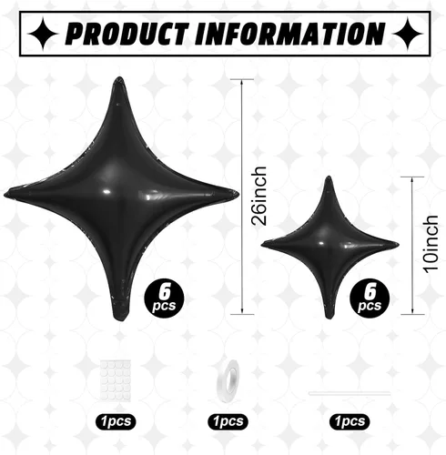 Vista 2 de Globos de Estrella Negra, 12 Piezas Globos de Papel de Aluminio de Estrella de Cuatro Ángulos, 26 Pulgadas y 10 Pulgadas Globo de Película de Negro