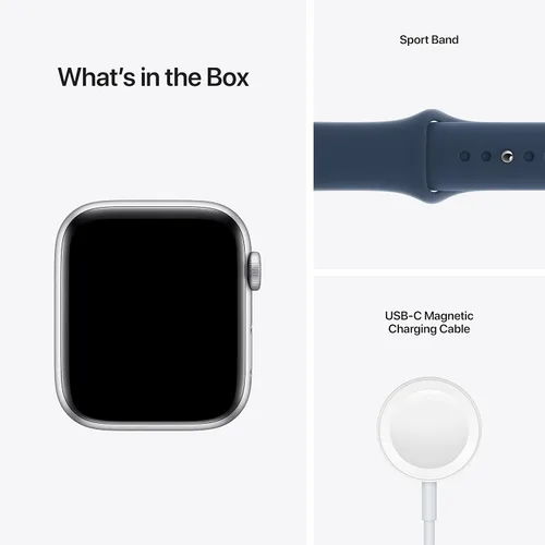 Vista 5 de Apple Reloj SE (GPS, 1.732in) - Caja de aluminio plateada con correa deportiva Abyss Blue - Regular (renovado)