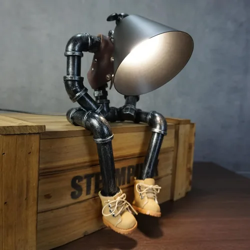 Vista 7 de Lámpara de mesa Steampunk, robot de tubería de agua, estilo industrial vintage, lámpara de mesa de escritorio para mesita de noche, cafetería, bar