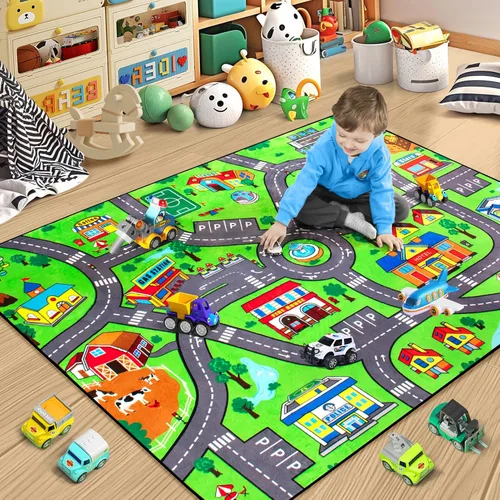 Vista 9 de Alfombra para niños, alfombra de carretera para niños con sistema combinado de tráfico urbano, alfombra de coche y alfombra de juego de aeropuerto