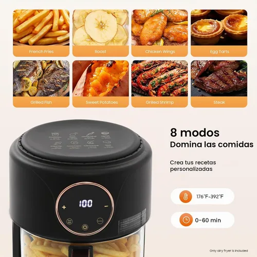 Vista 8 de Freidora de aire de vidrio de 4 cuartos con 8 ajustes preestablecidos, 1200 W digital con pantalla táctil y ventana de visión de 360°, temperatura