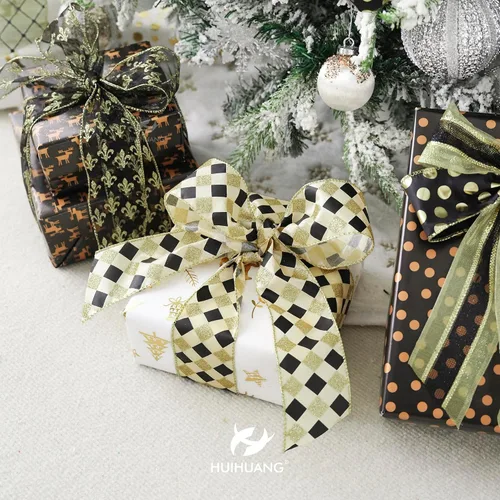 Vista 9 de HUIHUANG Cinta negra con alambre para árbol de Navidad, cintas de Navidad negras y doradas para decoración de árboles, lazos, coronas, guirnaldas