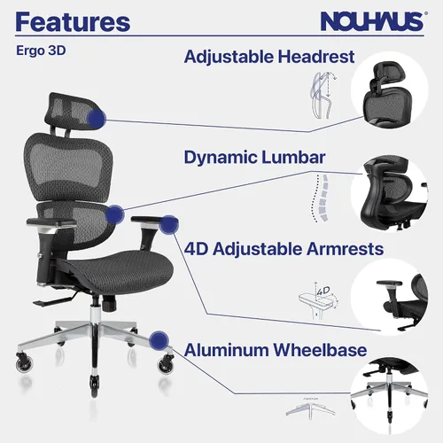 Vista 3 de Nouhaus Ergo3D - Silla ergonómica de oficina con soporte lumbar de malla con reposabrazos ajustable 4D, reposacabezas y ruedas ajustables, respaldo