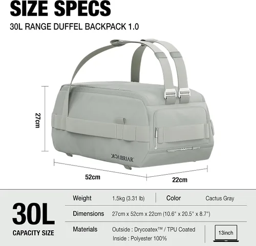 Vista 3 de Blackbriar Range Duffel - Mochila convertible de 30 litros color gris cactus, con acceso magnético patentado, partición modular en S, garaje