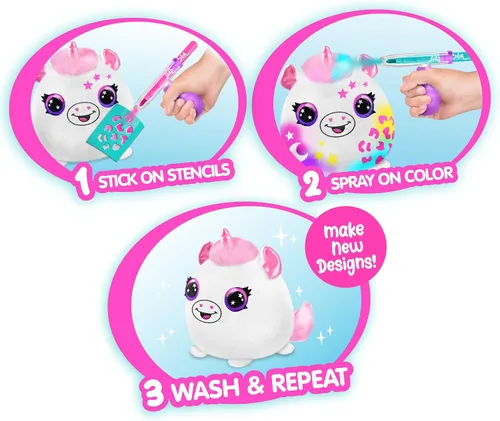 Vista 5 de Canal Toys Personaliza el unicornio de peluche esponjoso mediano con aerógrafo. Decora, lava, repite. Personaliza tu propia felpa de arte en aerosol