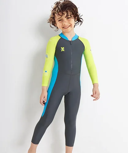 Vista 4 de LUCKYLUAN Traje de baño de cuerpo completo para niños y niñas, bloque de color, de una pieza, UPF 50, manga larga, protección contra erupciones