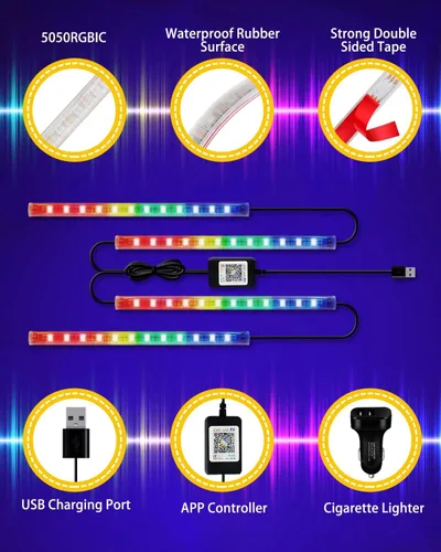 Vista 4 de YM E-Bright Tiras de luces LED RGB para automóvil con control de aplicación, mando a distancia inteligente, interior de neón debajo del salpicadero