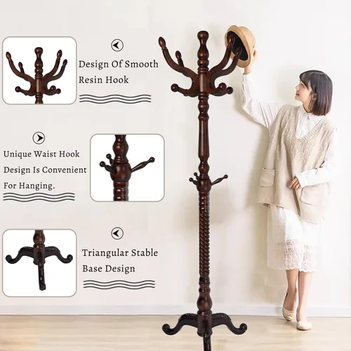 Vista 4 de Perchero de madera independiente, colgador de árbol de pasillo con ganchos de resina, perchero ajustable y resistente para colgar ropa, bolsos