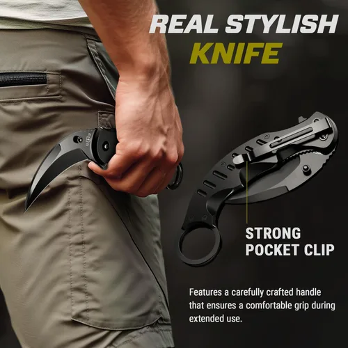 Vista 5 de Navaja táctica de bolsillo asistida por resorte, cuchillos plegables Karambit para hombres, hoja de garra de tigre afilada plegable, la mejor