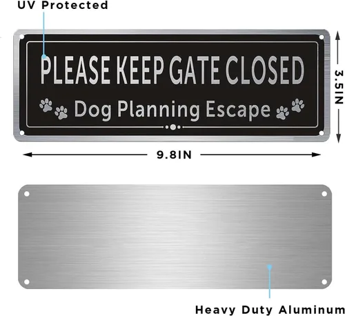 Vista 6 de Paquete de 2 letreros de metal con texto en inglés «Please Keep Gate Closed» (Please Close the Gate Closed), diseño de perro de escape, aluminio