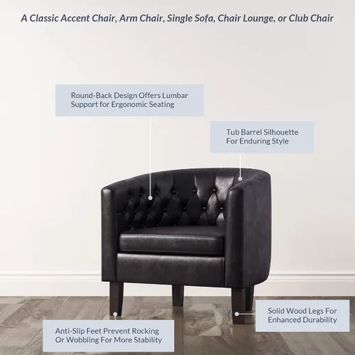 Vista 3 de BELLEZE Sillas de acento negras para sala de estar, elegante silla de brazo tapizada con respaldo capitoné en forma de barril, silla de club