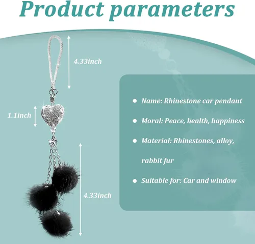 Vista 2 de Ziciner Accesorios de Interior de Coche con Diamantes Brillantes en Forma de Corazón - Adorno Colgante de Corazón y Bola de Felpa Rosa, Encanto
