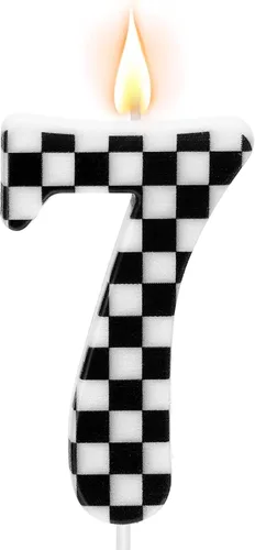 Vista 13 de Velas temáticas de autos de carreras para cumpleaños, velas numeradas número 0 a cuadros, decoración de pastel a cuadros en blanco y negro, adorno