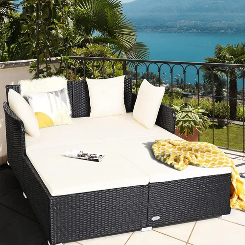 Vista 4 de HAPPYGRILL Sofá cama de ratán para exteriores, juego de sofá cama para patio con cojín y almohadas, pie de aluminio resistente, muebles de mimbre